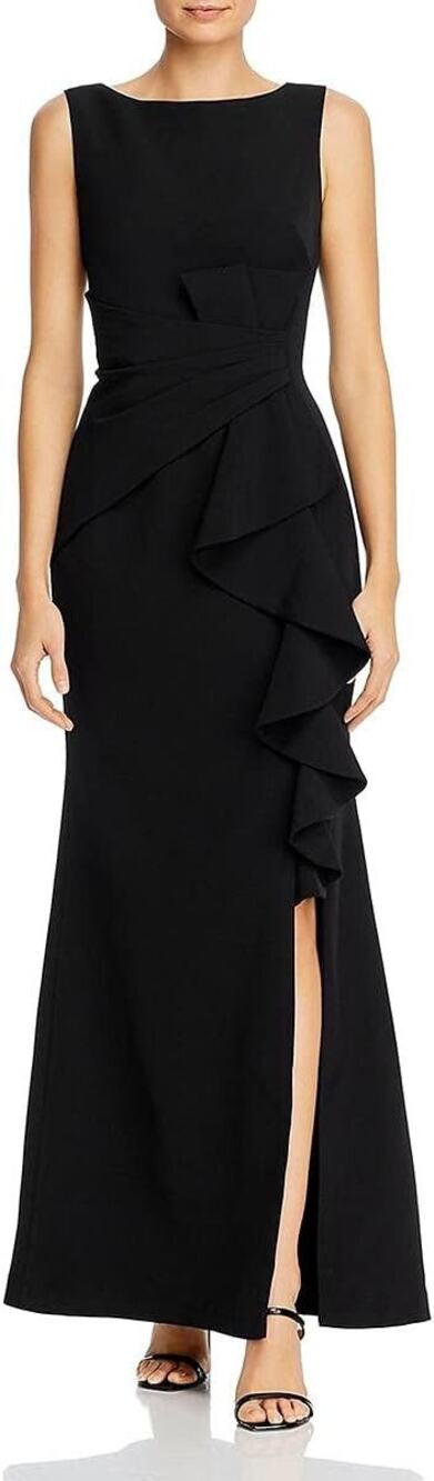 Eliza J Black Sleeveless Cascading-Ruffle Front Sleeveless Formal Gown Size 4